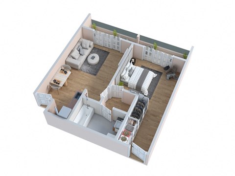 Floor plan for 1 bed, 1 bath, 594 sqft